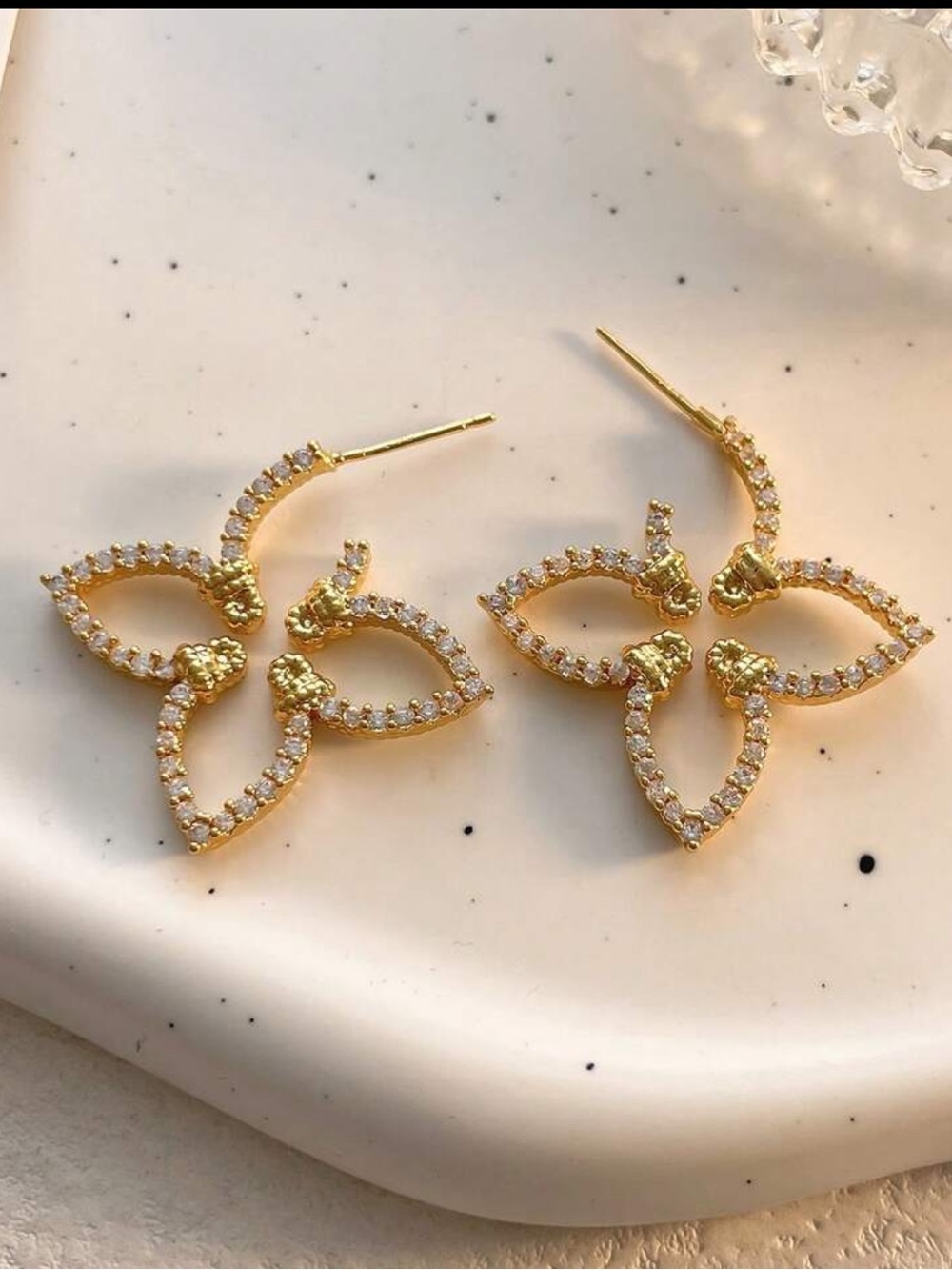 Gold Crystal Beautiful Clover Post Earrings